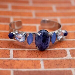 7 inch, Vintage Oval Abstract Blue Beads Silver Tone Cuff Bracelet - W30